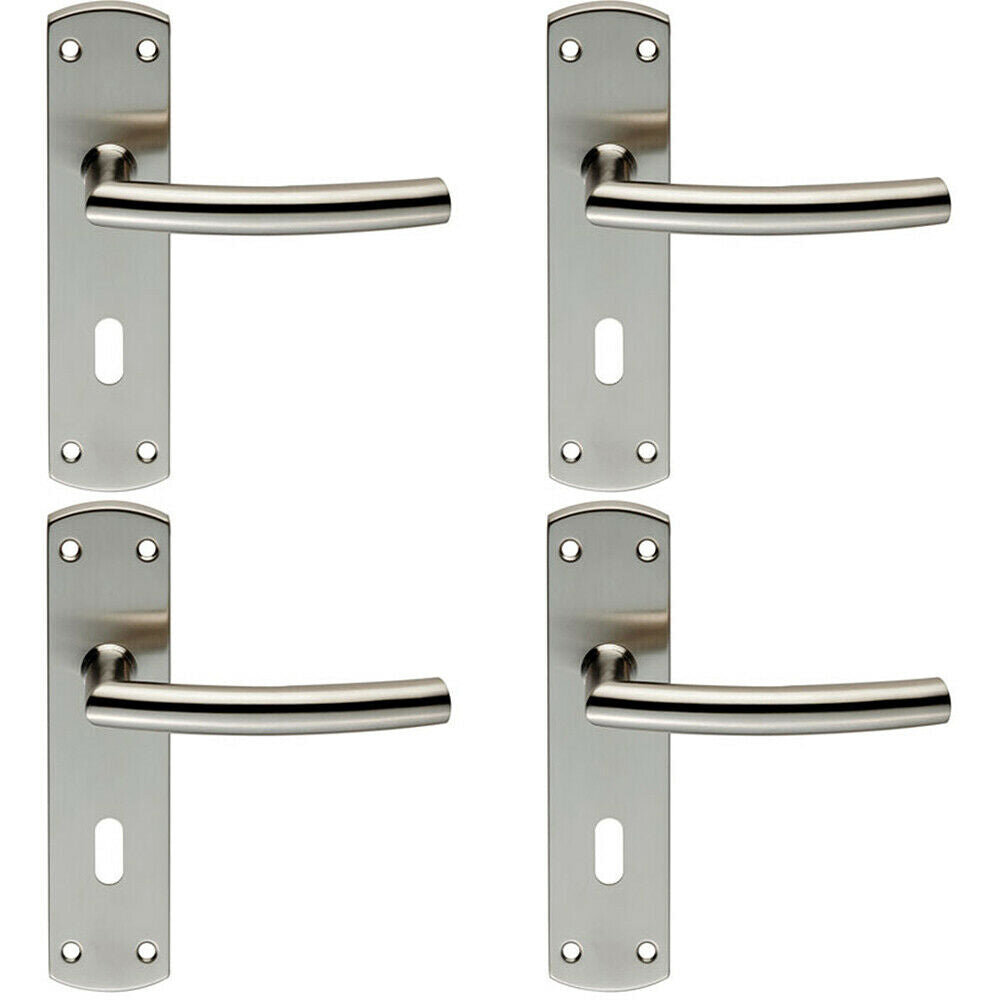 4x Curved Bar Lever Door Handle on Lock Backplate 172 x 44mm Satin Steel
